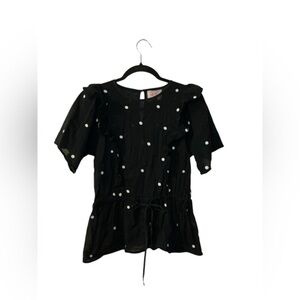 Banjanan Black and White Polka Dot Ruffled Peplum Blouse